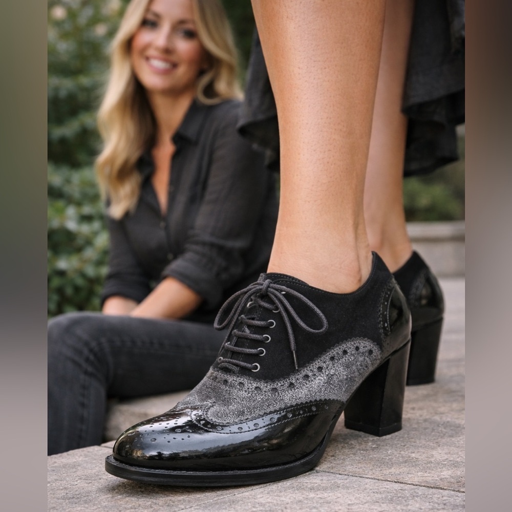 Italian Patent Leather & Suede Wingtip Brogue Lace-Up Block Heel Shoes 38.5"/8‎